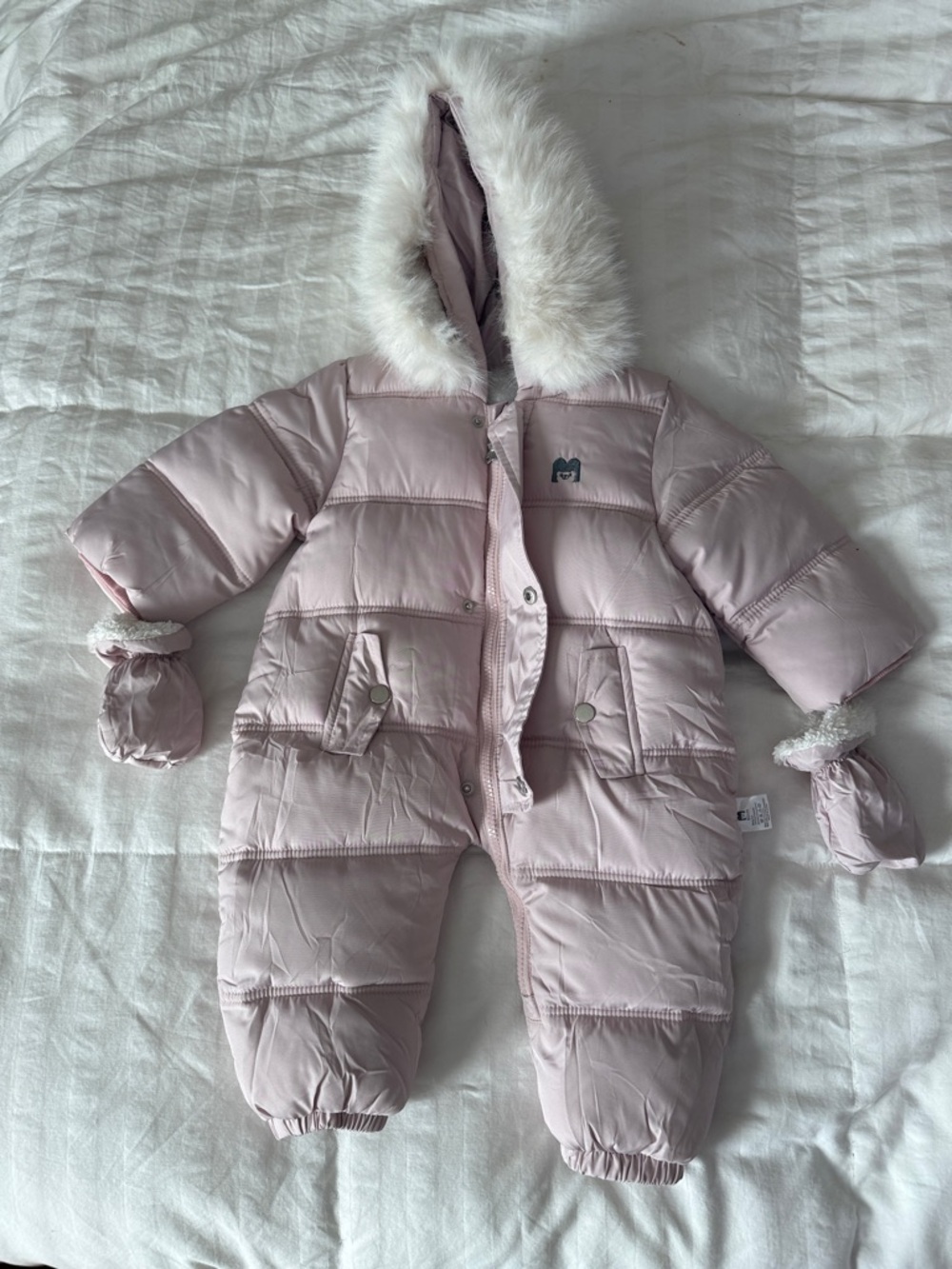 Toddler Pink Hooded Puffer One-Piece Snowsuit with Faux Fur Trim